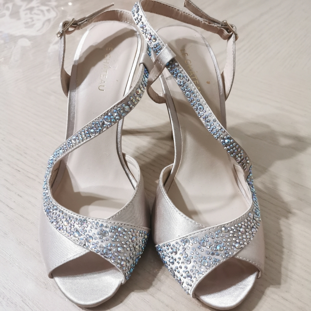 Le Chateau Silver Satin Crystal Peeptoe Slingback Sandal